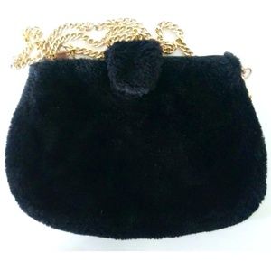 Almost New, Black Faux Fur Black Bag with Gold Shoulder Straps